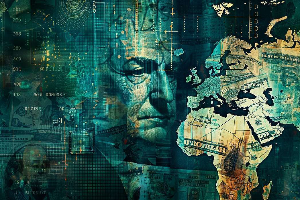 Create a digital art piece that incorporates elements of currency exchange and a world map in a unique and visually appealing way