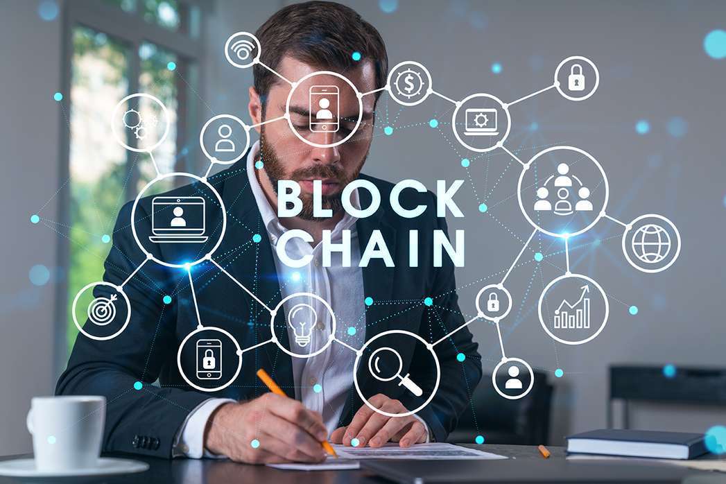 Concept of successful deal, agreement, partnership, documents, lawyer. Blockchain icons