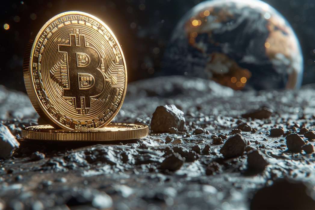 Bitcoin on the lunar surface, Earth and space in the background. Bitcoin dominance in global finance. Crypto to the Moon.