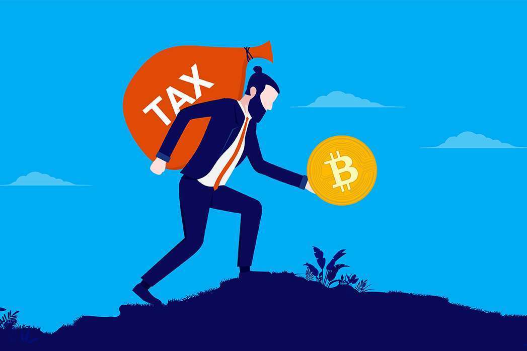 Bitcoin tax payment - Man walking with big bag of tax money while holding bitcoin in hand. Vector illustration.
