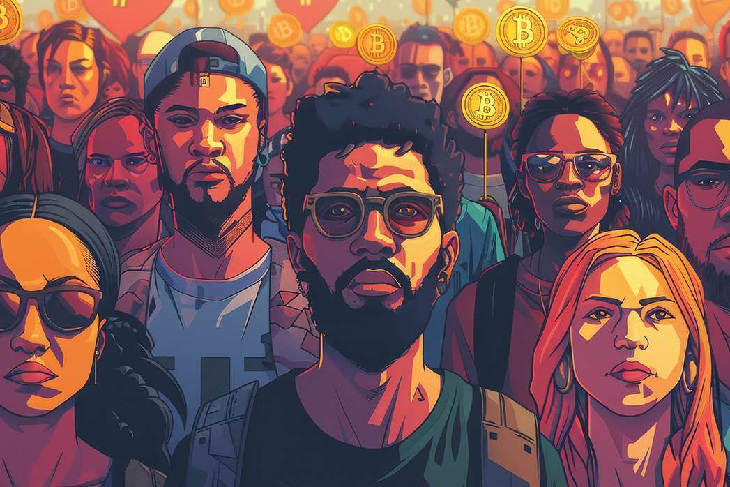 Community and cultural movement towards cryptocurrency adoption, showing a diverse group of people united in their support for digital currency, possibly in a rally or gathering setting.