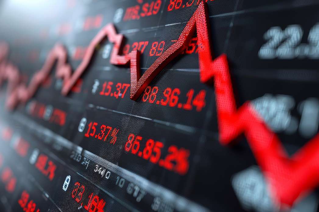 Red arrow pointing up on the stock market graph with a building background, representing the business concept of financial growth and increasing profits for a company.