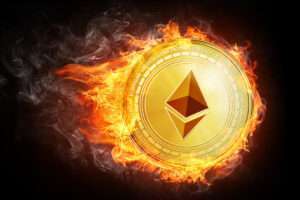 Burning crypto currency Ethereum symbol illustration isolated on black background.