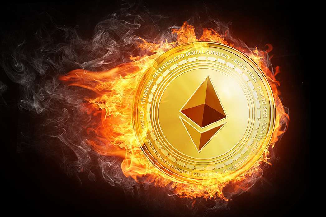 Burning crypto currency Ethereum symbol illustration isolated on black background.