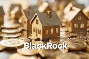 A golden house surrounded by Bitcoins highlighting the intersection of real estate and cryptocurrency investments.