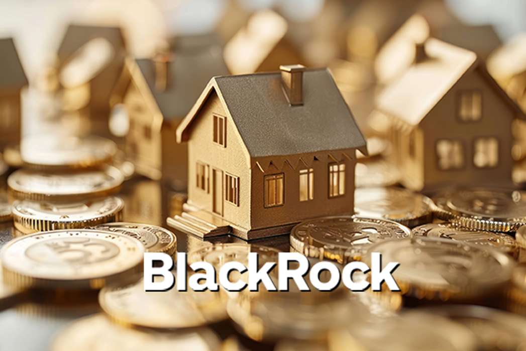 A golden house surrounded by Bitcoins highlighting the intersection of real estate and cryptocurrency investments.