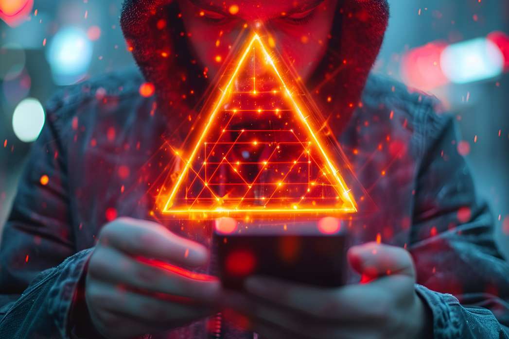 hacker attack maintenance concept and hacking cybercrime cyber security User is using smartphone with warning triangle for error notification.