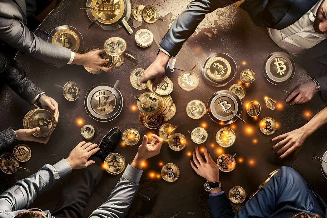 Bitcoin traders around a table exchanging digital assets.
