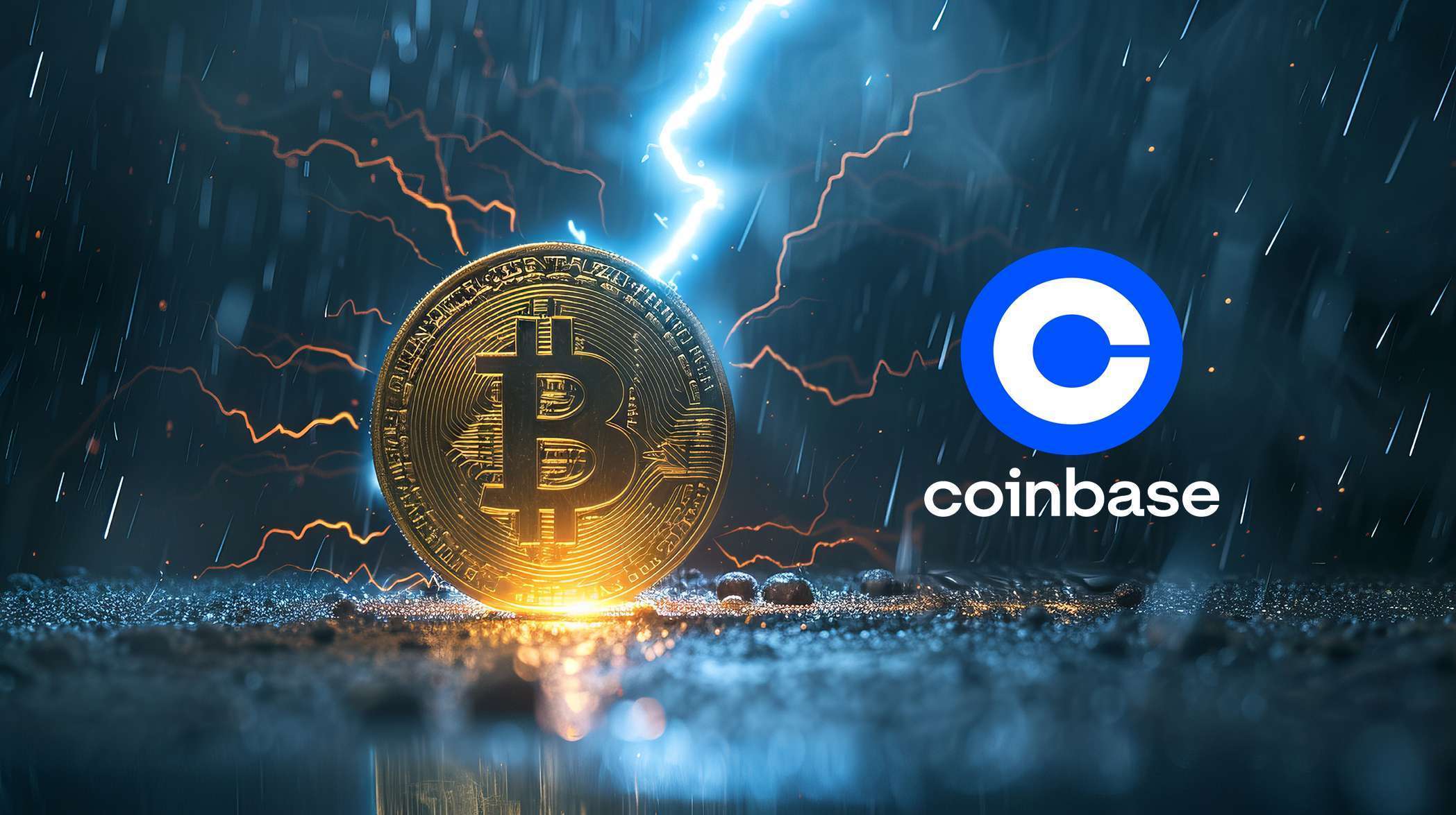 Abstract visualization of cryptocurrency surge: bitcoin symbol illuminated by lightning strike, indicating market growth and strength