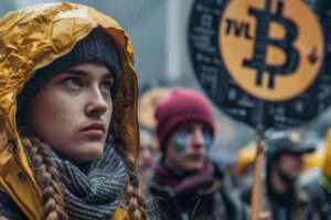 Woman wearing yellow raincoat standing in front of crowd of people holding signs protesting about bitcoin.