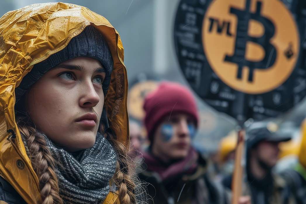 Woman wearing yellow raincoat standing in front of crowd of people holding signs protesting about bitcoin.