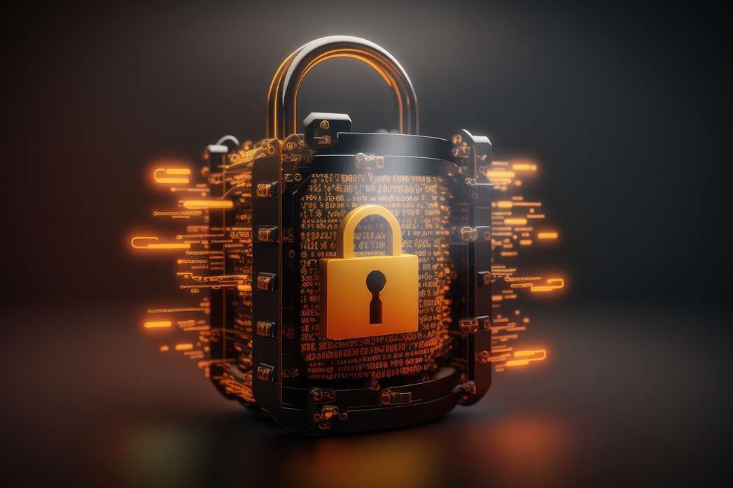 Cryptography and Blockchain: lock and key on dark background. Generative AI.