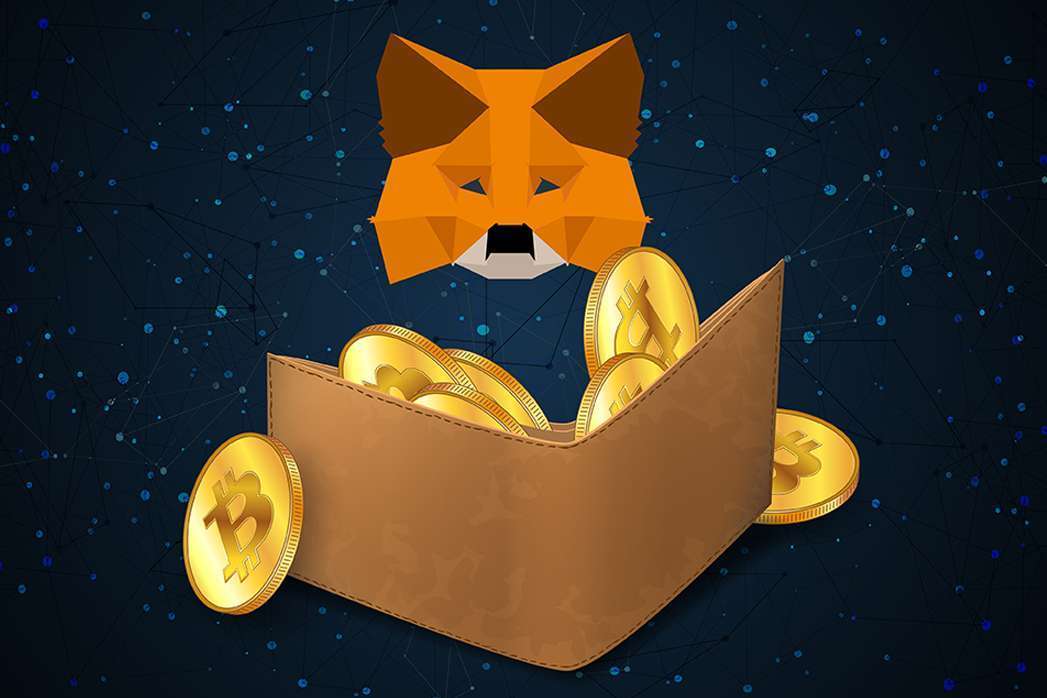 Cryptocurrency wallet with Bitcoin coins and MetaMask logo on polygonal wireframe dark background. Crypto wallet for Defi, Web3 Dapps and NFTs.