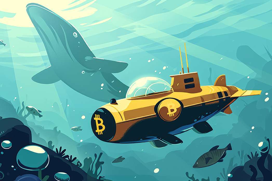 Bitcoin emblem on Golden submarine next to a crypto whale, concept of big market players that own large amounts of cryptocurrency and can influence the price