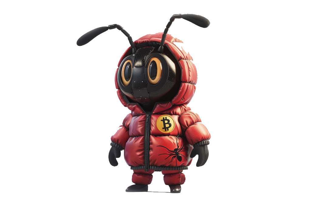 Produce an image of a cute cartoon ant person in a red down jacket with a ant pattern, holding a Bitcoin The scene is captured in a realistic style, photographed with a Sony camera.