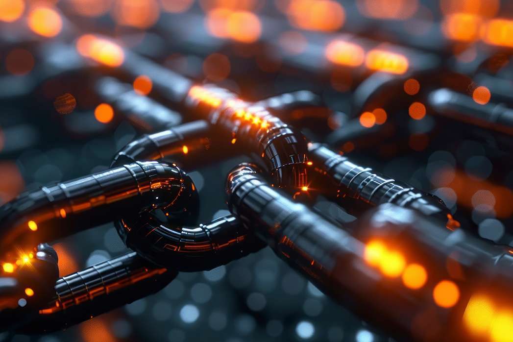 Digital blockchain structure, symbolizing the decentralized nature of cryptocurrency.