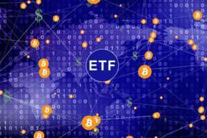 Financial technology and crypto revolution concept for future of digital money mapping dollar flow in bitcoin etf fund and its connection to decentralized blockchain network.