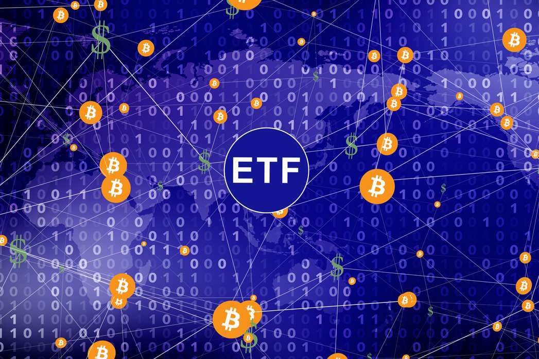 Financial technology and crypto revolution concept for future of digital money mapping dollar flow in bitcoin etf fund and its connection to decentralized blockchain network.