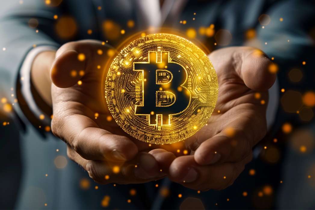 Businesman holding a bitcoin hologram in his hand.