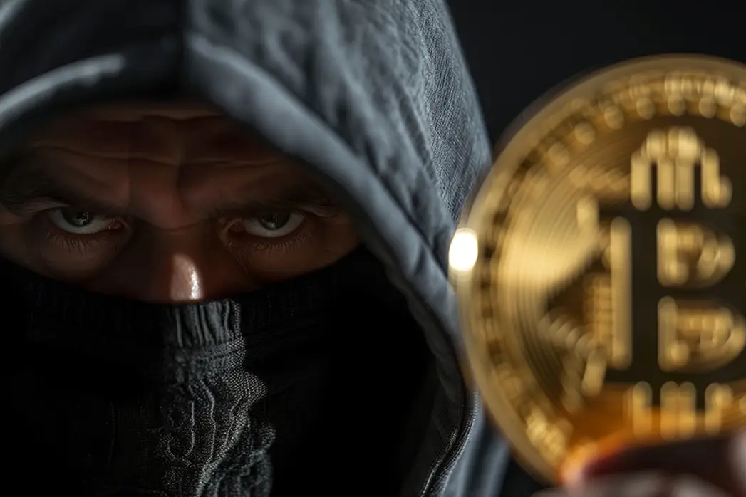 Masked Hacker holding a Bitcoin, Ransomware extortion concept.