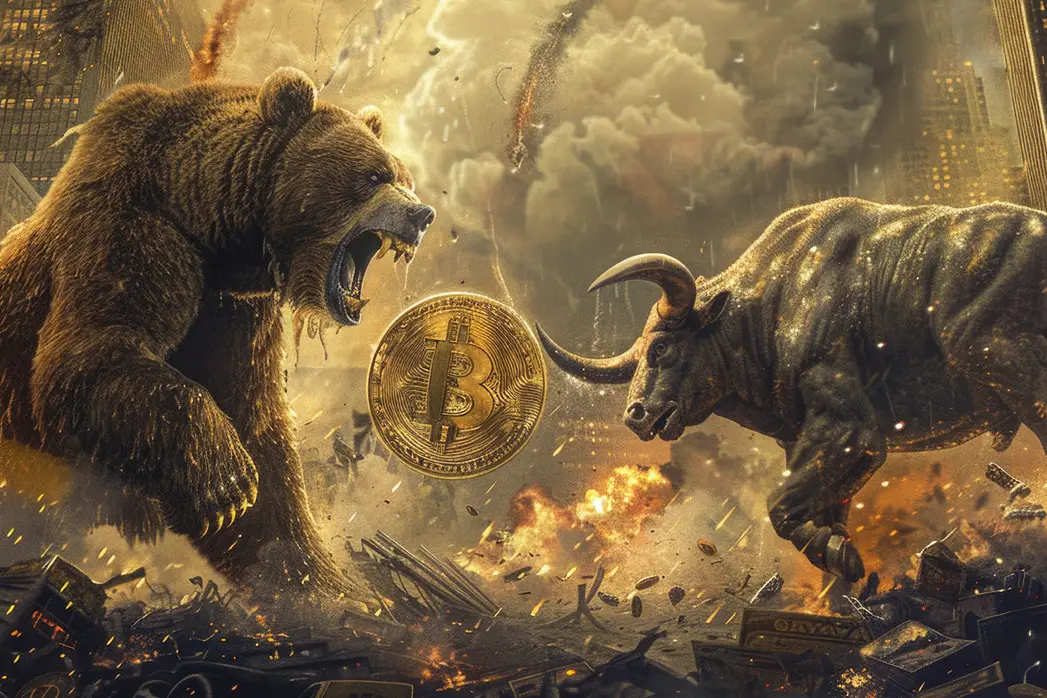 Bull vs. Bear Market Concept with Exploding Bitcoin stock market artwork, financial concepts, Bitcoin symbolism