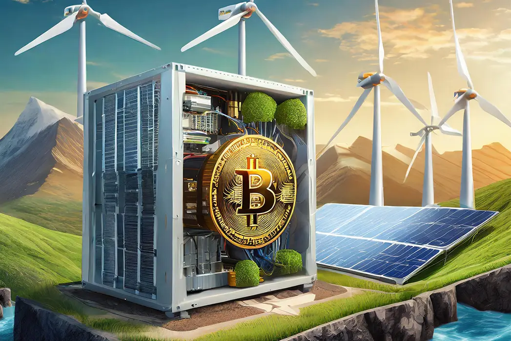 Innovative sustainable cryptocurrency mining concept using wind turbines and solar panels for eco-friendly power generation and reduced carbon footprint, using renewable energy sources to mine Bitcoin crypto, sustainability