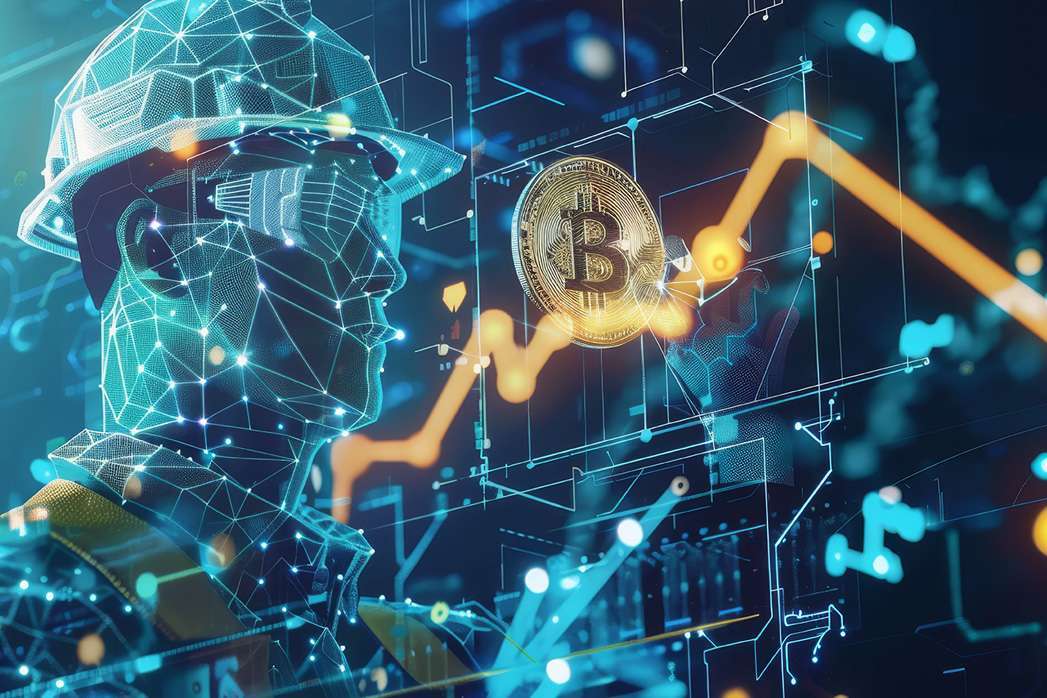 Blue digital miner with a pickaxe and a bitcoin. Concept of bitcoin mining.