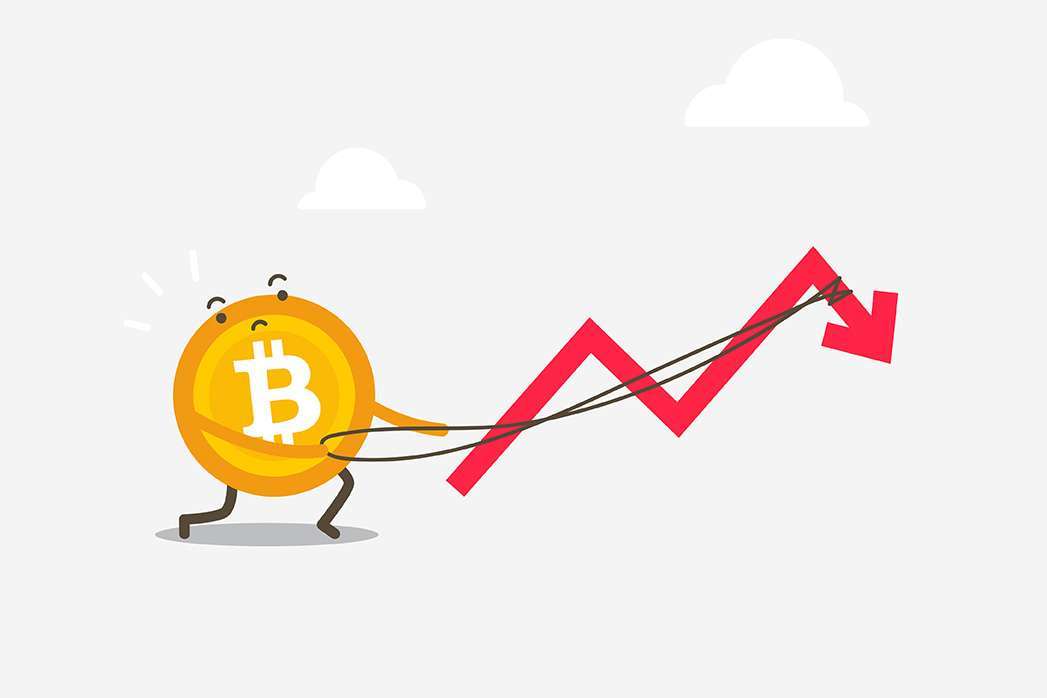 Bitcoin is trying to break the bullish growth trend. Cryptocurrency cartoon concept.
