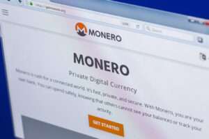 Ryazan, Russia - March 29, 2018 - Homepage of Monero cryptocurrency on PC display, web adress - getmonero.org.
