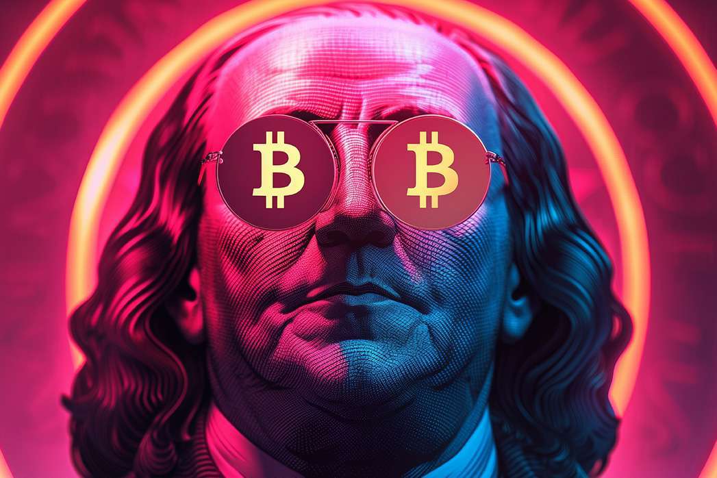 president benjamin franklin with bitcoin eyes, cryptocurrency versus traditional money, crypto and blockchain concept