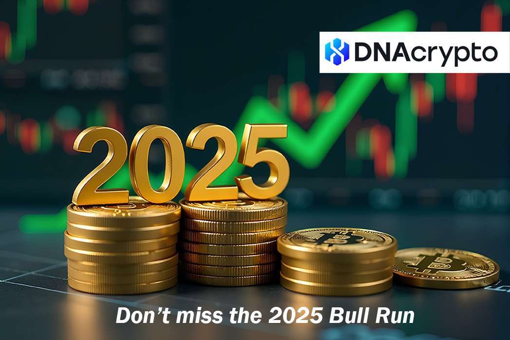 Golden 2025 numerals on stacked Bitcoin coins with financial chart in background.