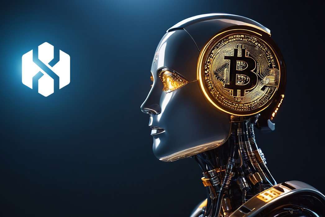 Futuristic humanoid robot with a Bitcoin symbol on its head, symbolizing the intersection of technology and cryptocurrency.