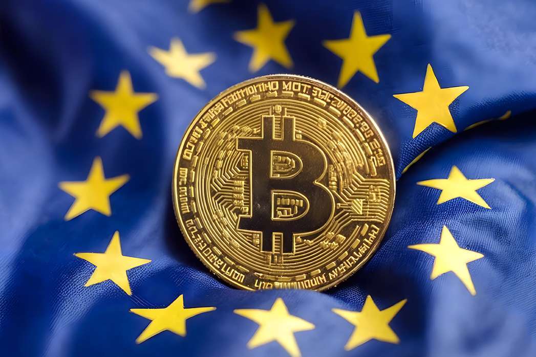 European union flag and Bitcoin. Europe cryptocurrency, digital gold finance investment regulation.