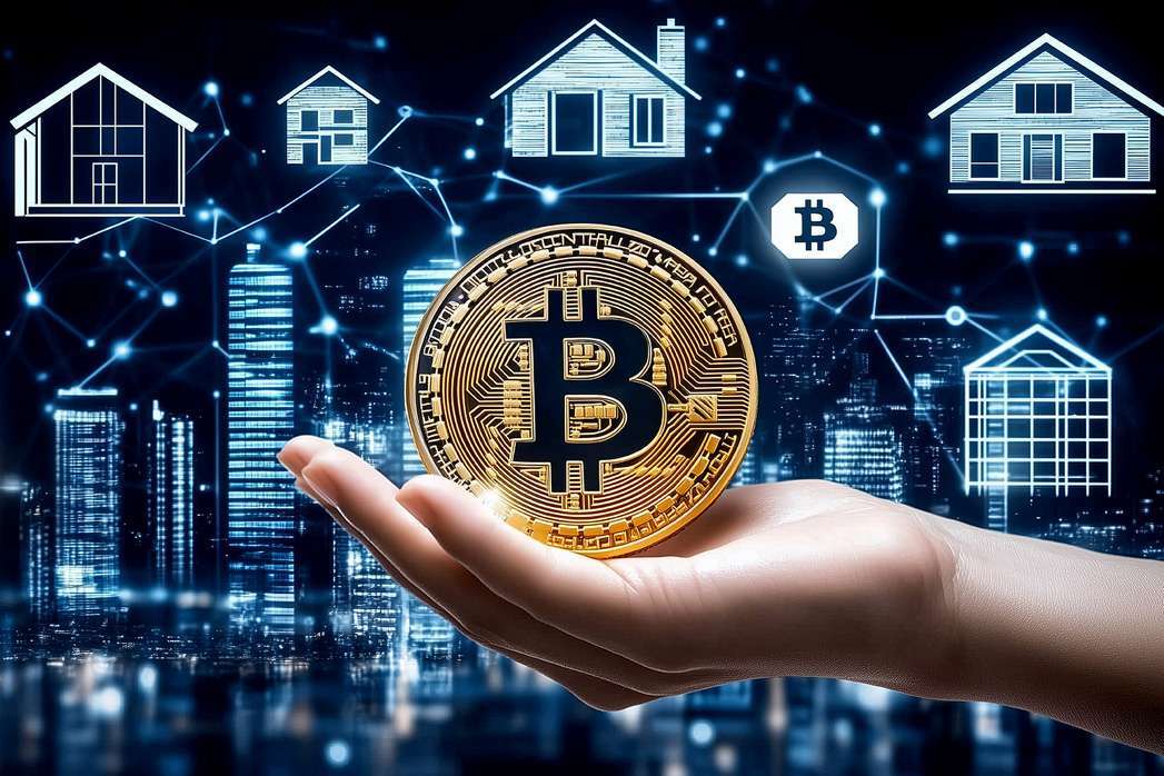 Hand holding Bitcoin with digital real estate icons in background