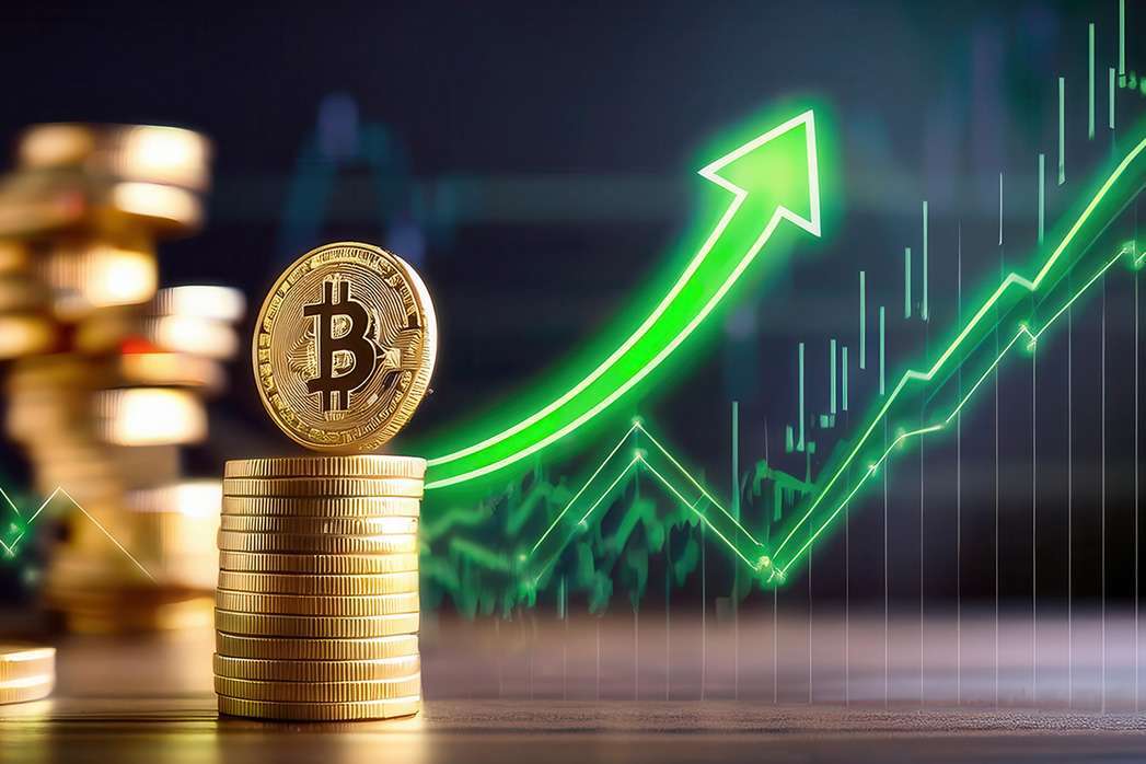 Bitcoin coin on top of a stack of gold coins, with an upward green arrow and a blurred background of gold coins. The image represents the growth of cryptocurrency.