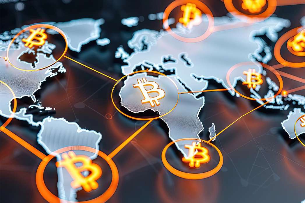 A digital world map with Bitcoin symbols highlighting global adoption, various continents illuminated, symbolizing the widespread impact of cryptocurrency.