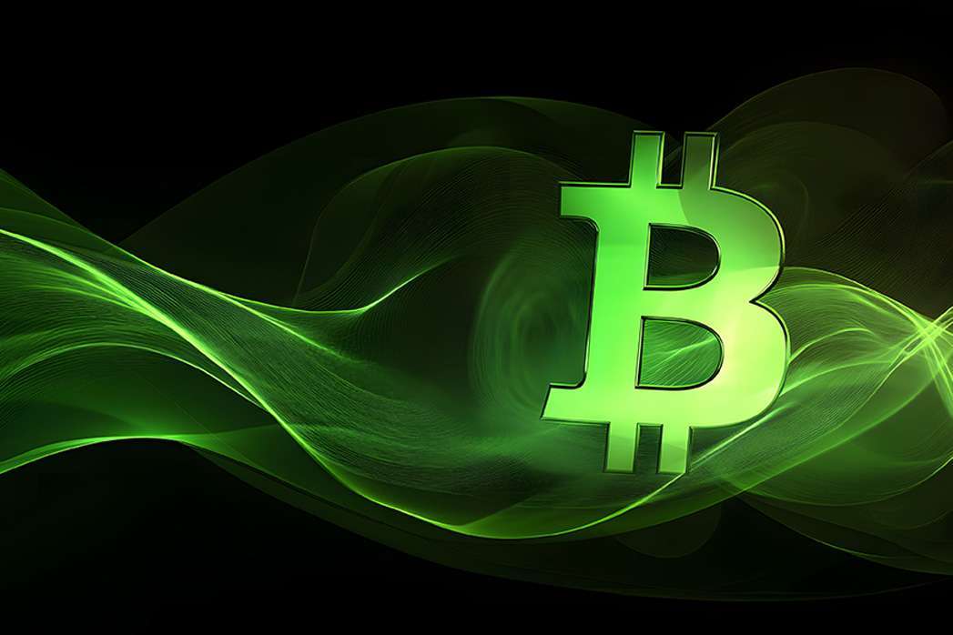 Concept for rising Bitcoin price, green coin, crypto currency background, stock market chart or exchange with copy space.