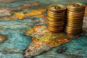 Global Crypto Stacks on Vintage Map.
