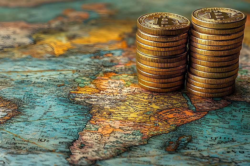 Global Crypto Stacks on Vintage Map.