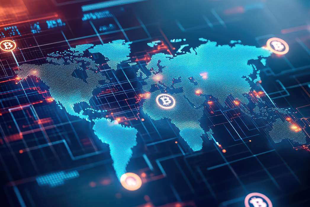 Global regulation of cryptocurrencies represented by glowing world map with highlighted nodes, AIinspired, data visualization