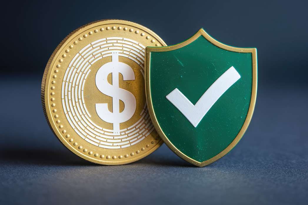 Dollar coin secured by a shield, symbolizing financial protection and security.