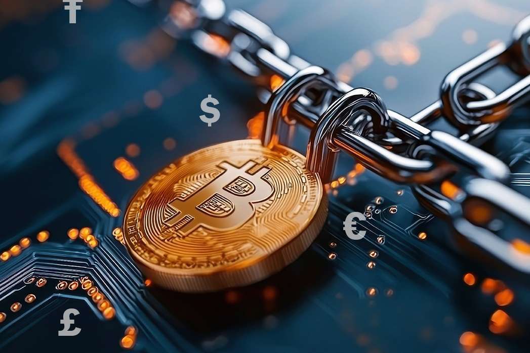 Bitcoin cryptocurrency blockchain technology futuristic digital finance concept with chains and locks Decentralized virtual currency secure financial transactions and innovative cryptographic code.