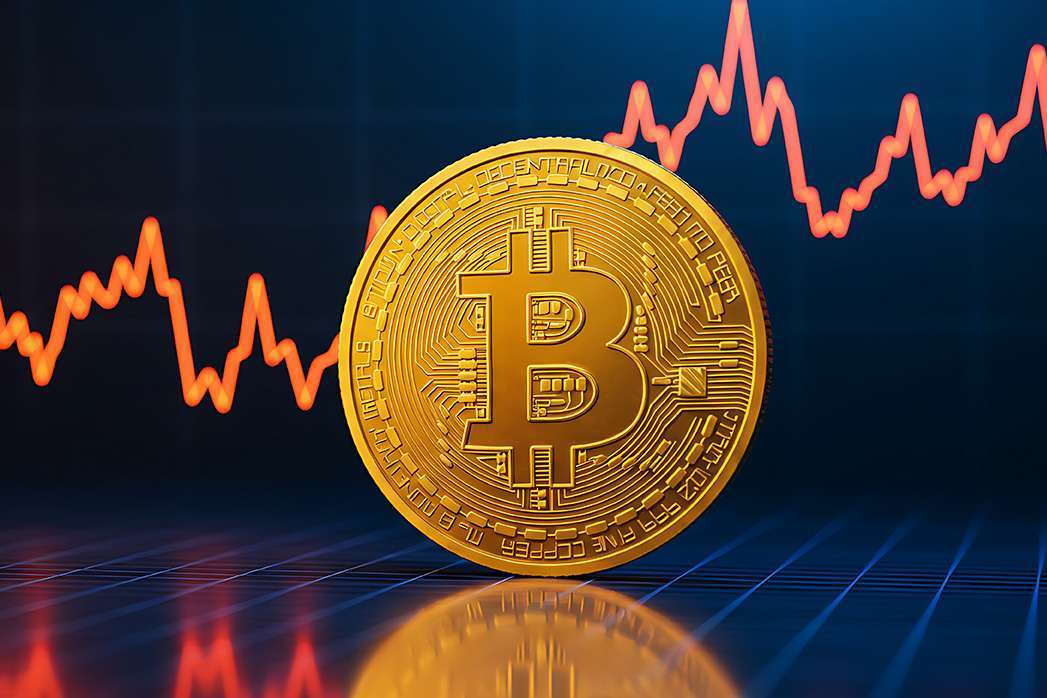 A bitcoin coin with a financial chart in the background showing market volatility and investment risks.