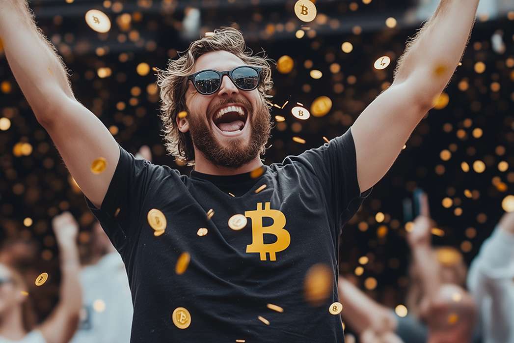 Happy man winning with bitcoin, holder earns money.