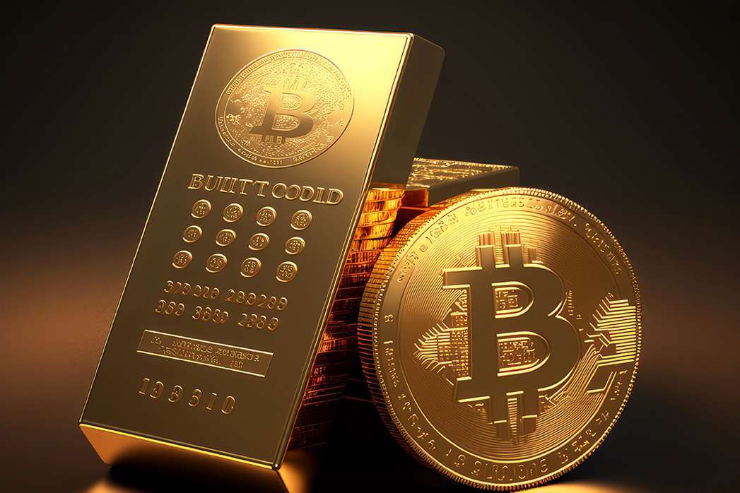 A golden coin with a bitcoin symbol on a gold stones.