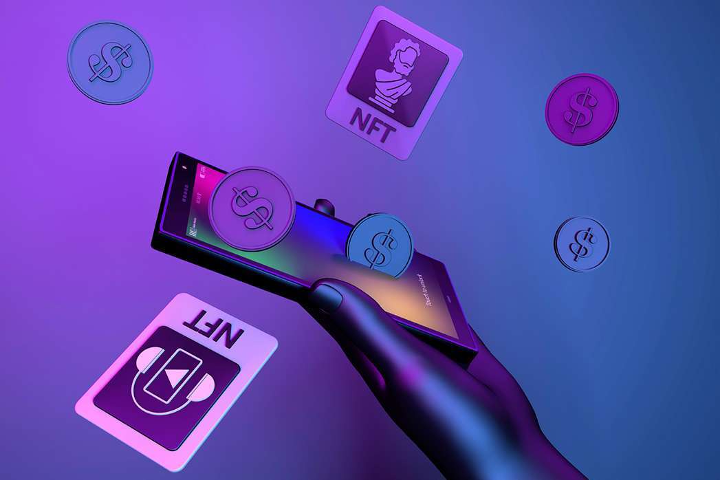 Futuristic NFT concept to earn, video games, technology, metaverse and crypto. 3d render.