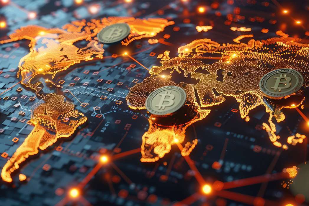 Close-up of Bitcoins on the map of the world. Worldwide spread and mass adoption of cryptocurrency, btc and blockchain technology background,