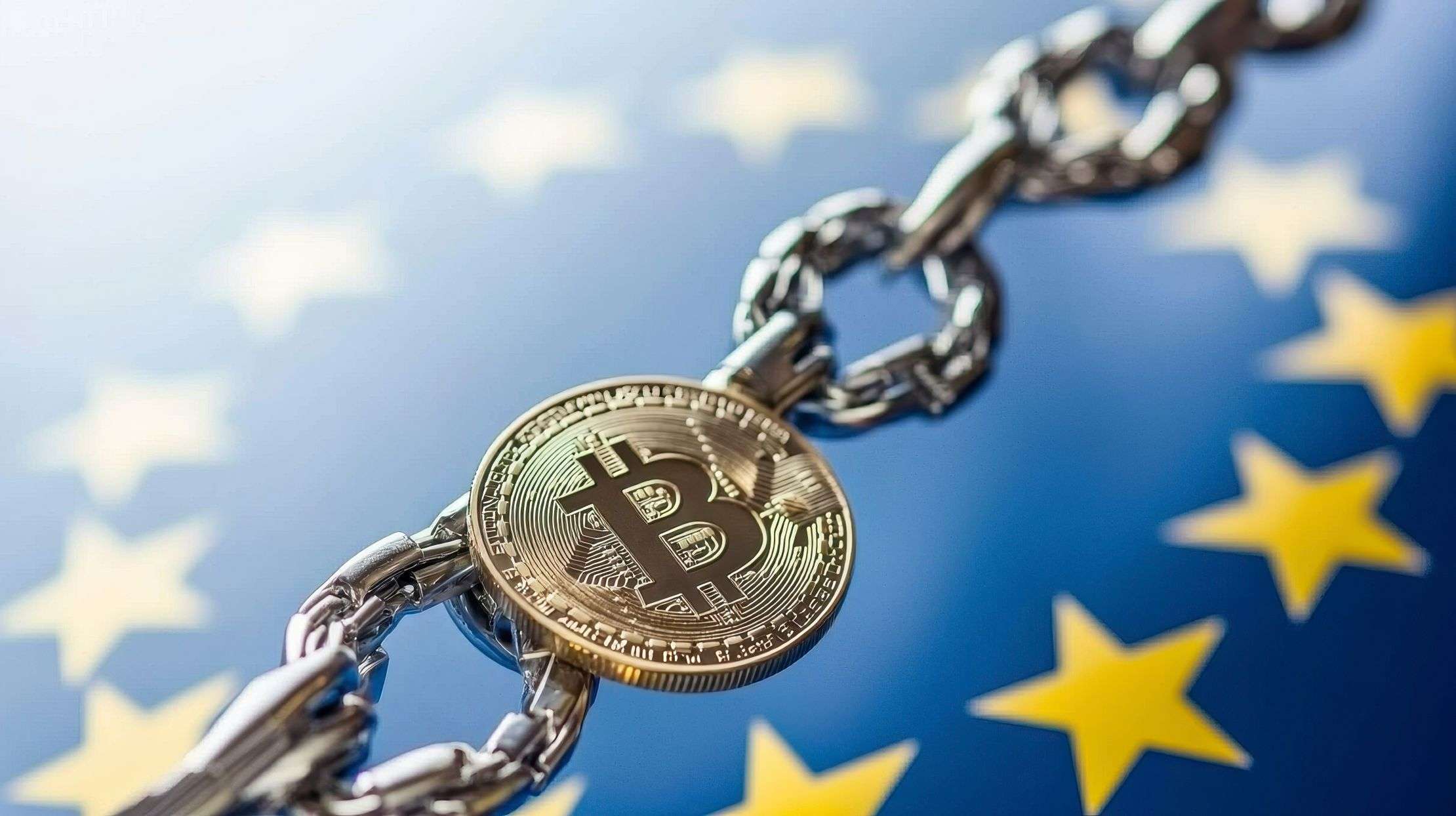 Explore the intricate relationship between cryptocurrency and European regulations with this captivating image showcasing a Bitcoin tethered to a chain against the backdrop of the European Union flag