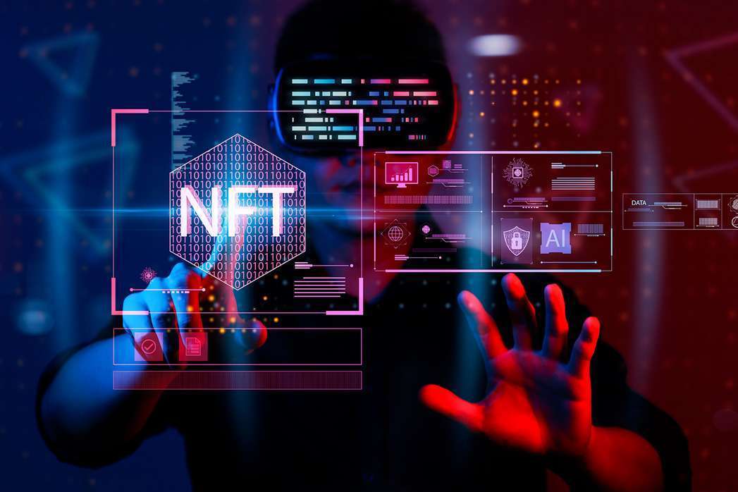 businessman finger touch virtual screen, NFT token digital crypto art blockchain technology concept.