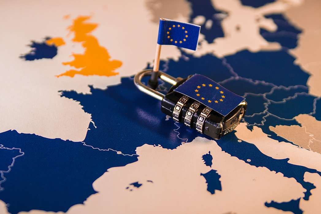 Padlock over EU map, GDPR, DSA or DMA metaphor.
